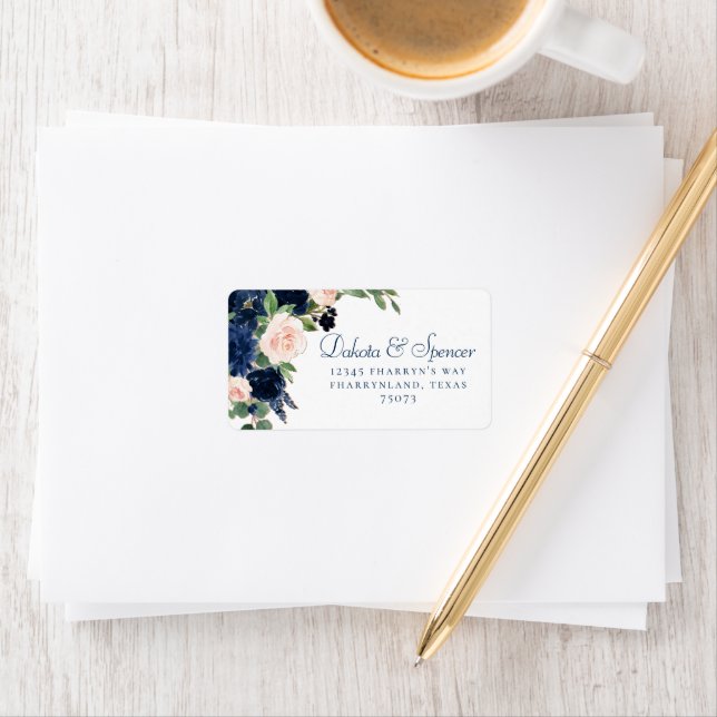 Chic Blooms | Navy Blue and Blush Pink Adresse Adressaufkleber (Insitu)