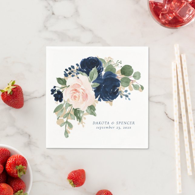 Chic Blooms | Navy Blue and Blush Pink Bouquet Serviette (Beispiel)