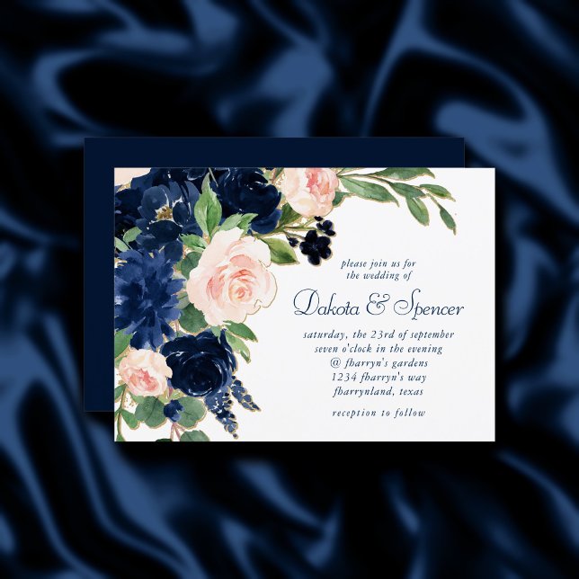 Chic Blooms | Navy Blue and Blush Pink Floral Einladung (Von Creator hochgeladen)