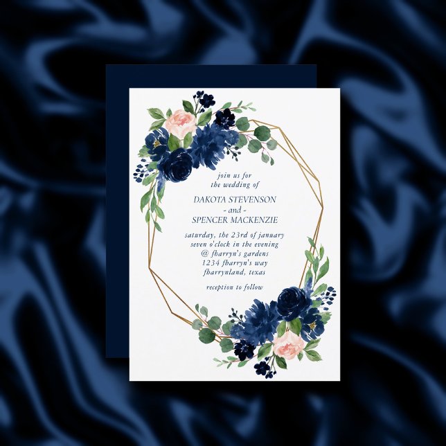 Chic Blooms | Navy Blue and Blush Pink Floral Einladung (Von Creator hochgeladen)