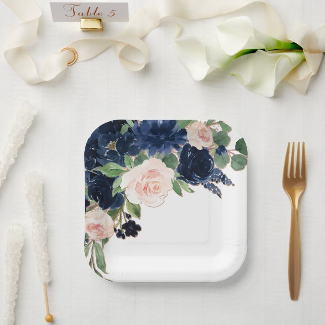 Chic Blooms | Navy Blue and Blush Pink Floral Pappteller (Hochzeit)