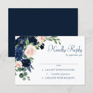 Chic Blooms   Navy Blue and Blush Pink Floral RSVP Karte