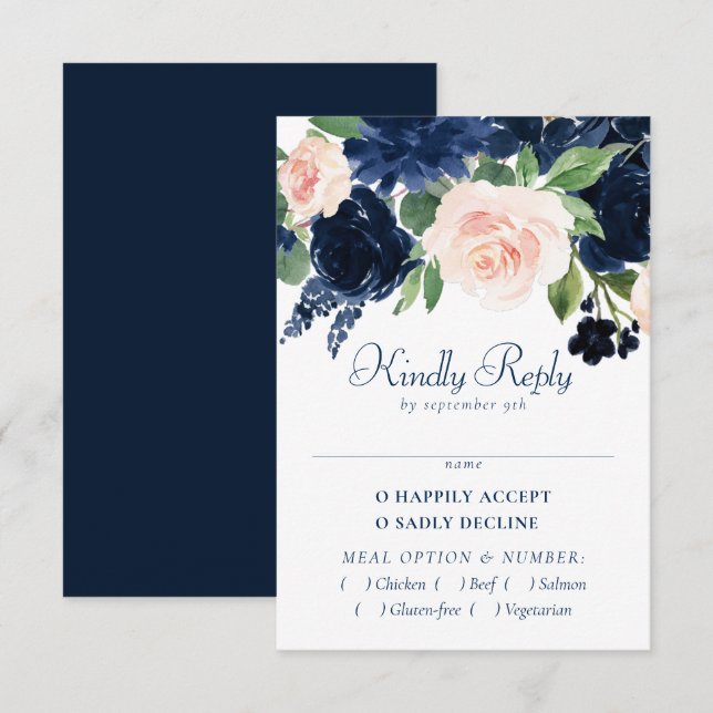 Chic Blooms | Navy Blue and Blush Pink Floral RSVP Karte (Vorne/Hinten)