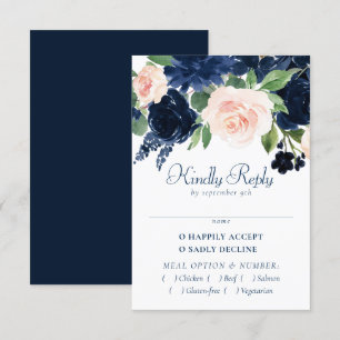 Chic Blooms   Navy Blue and Blush Pink Floral RSVP Karte