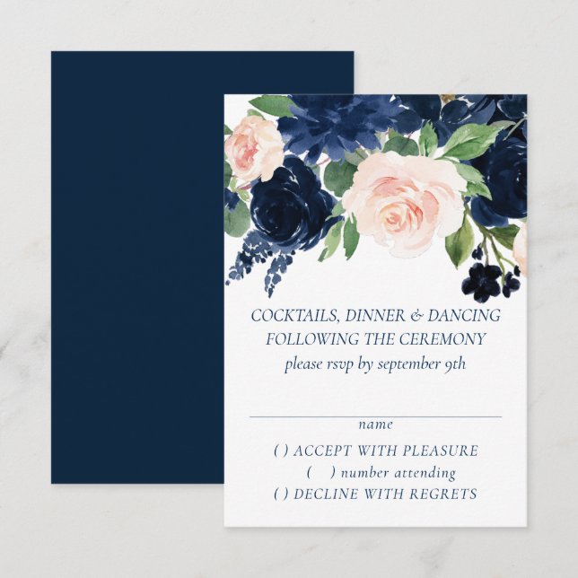 Chic Blooms | Navy Blue and Blush Pink Garland RSVP Karte (Vorne/Hinten)