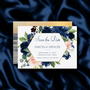 Chic Blooms   Navy Blue and Blush Pink Gold Frame Save The Date