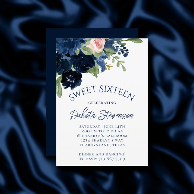 Chic Blooms | Navy Blue and Blush Pink Rose Floral Einladung (Von Creator hochgeladen)