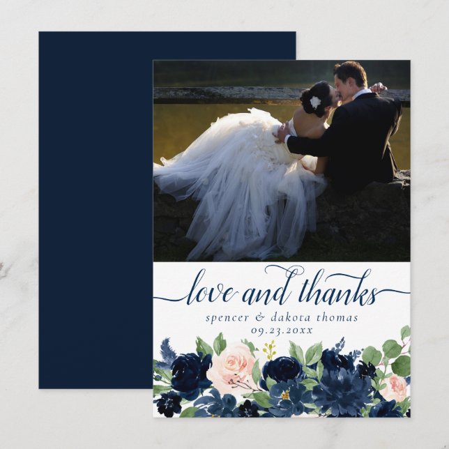 Chic Blooms | Navy Blue Blush Pink Foto Liebe und Dankeskarte (Vorne/Hinten)