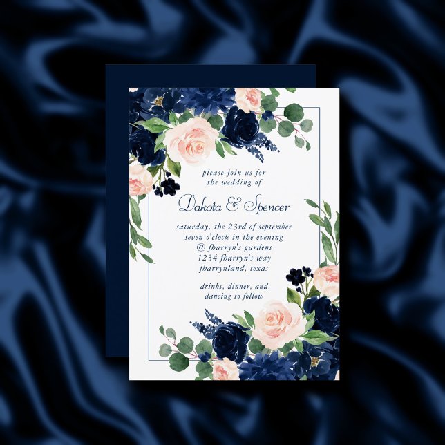 Chic Blooms | Romantische Blush-Navy-Frame-Hochzei Einladung (Von Creator hochgeladen)