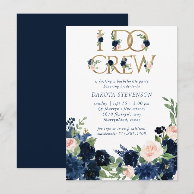 Chic Blooms | Romantische Marine und Blush I Crew Einladung (Vorne/Hinten)