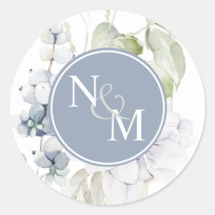 Chic Blue and White Floral Monogram Umschlag Aufkl Runder Aufkleber