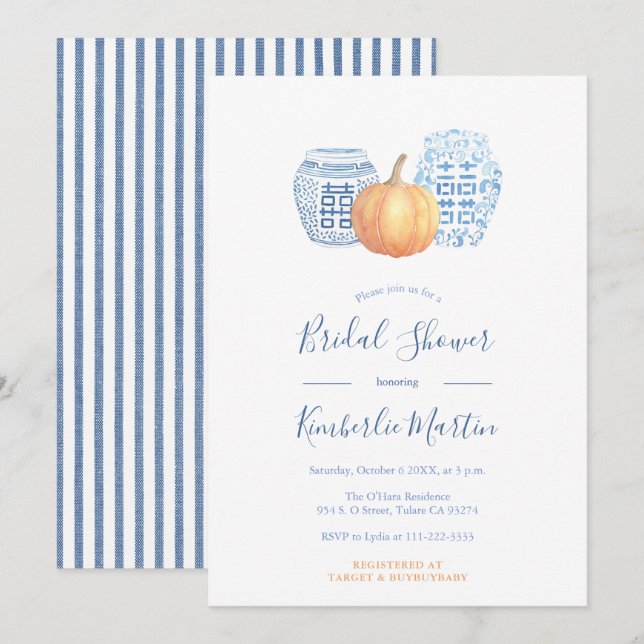 Chic Blue and White Potterings Pumpkins Brautparty Einladung (Vorne/Hinten)