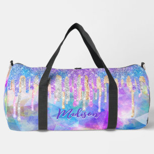 Chic blue aqua unicorn dripping Glitzer monogram Duffle Bag