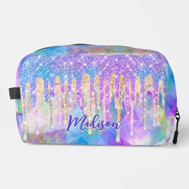 Chic blue aqua unicorn dripping Glitzer monogram Waschbeutel (Vorderseite)
