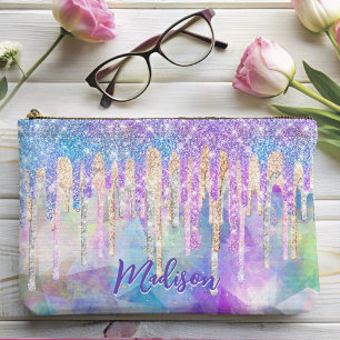 Chic blue aqua unicorn dripping Glitzer monogram Zubehörtasche
