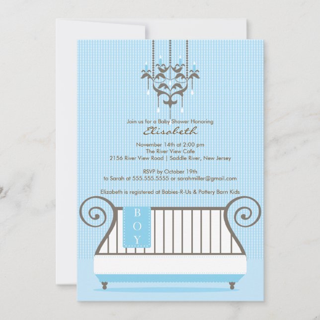 Chic Blue Baby Crib Boy Baby Dusche Einladung (Vorderseite)