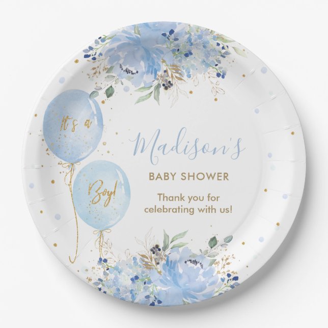 Chic Blue Balloons Blue Floral Boy Baby Dusche Pappteller (Vorderseite)