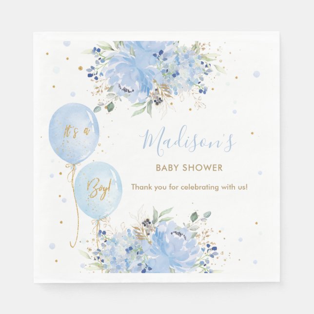 Chic Blue Balloons Blue Floral Boy Baby Dusche Serviette (Vorderseite)