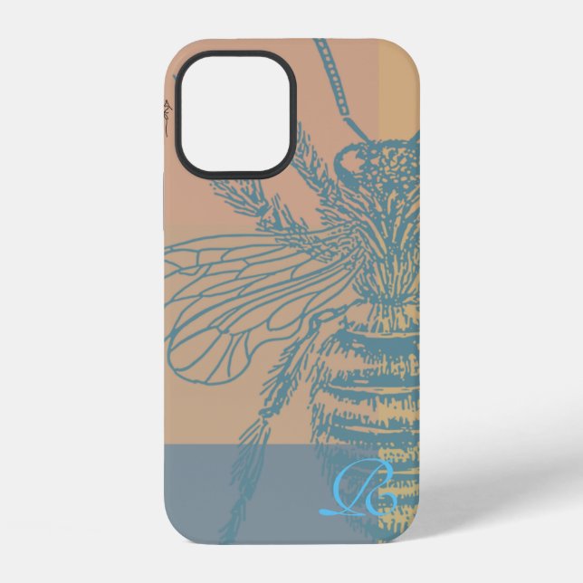 Chic Blue Bee Monogram iPhone 12 Hülle (Rückseite)