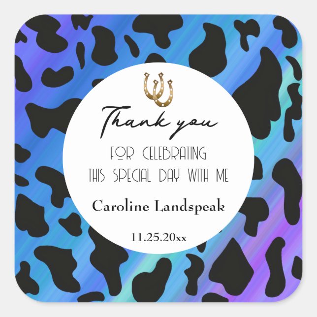 Chic Blue Black Cow Spots Vielen Dank Quadratischer Aufkleber (Vorderseite)