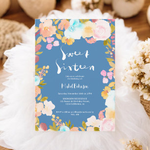 Chic blue boho floral Aquarellschrift Sweet 16 Einladung