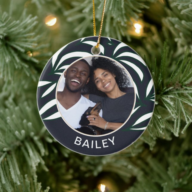 Chic Blue Botanical Dog Foto und Name Weihnachten Keramik Ornament (Baum)