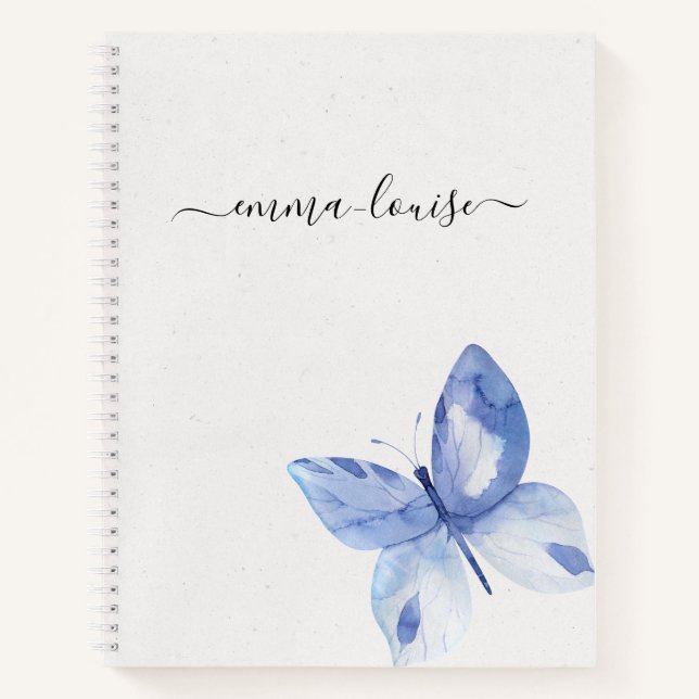 Chic Blue Butterfly Calligraphy Monogram Notizbuch (Vorderseite)