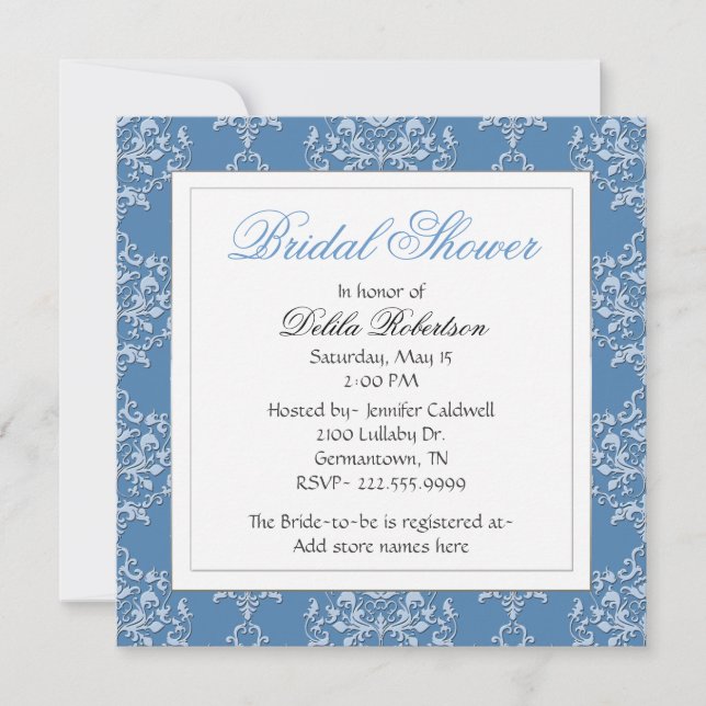Chic Blue Damask Bridal Dusche Einladung (Vorderseite)