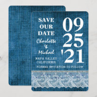 Chic Blue Denim Lace Modern Save the Date