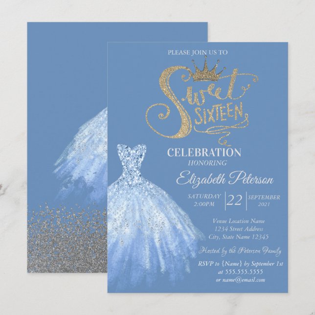 Chic Blue Dress, Diamonds Sweet 16 Einladung (Vorne/Hinten)