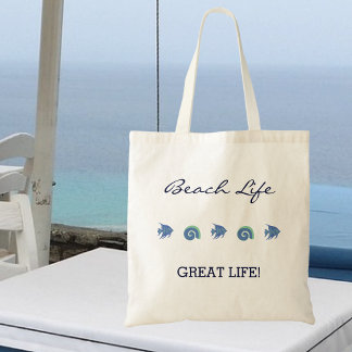 Chic Blue Fish and Muscheln Beach Life Tragetasche