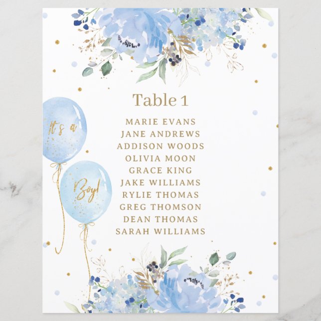 Chic Blue Floral Balloons Babydusche Sign (Vorderseite)