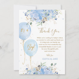 Chic Blue Floral Balloons Gold Boy Baby Dusche Dankeskarte