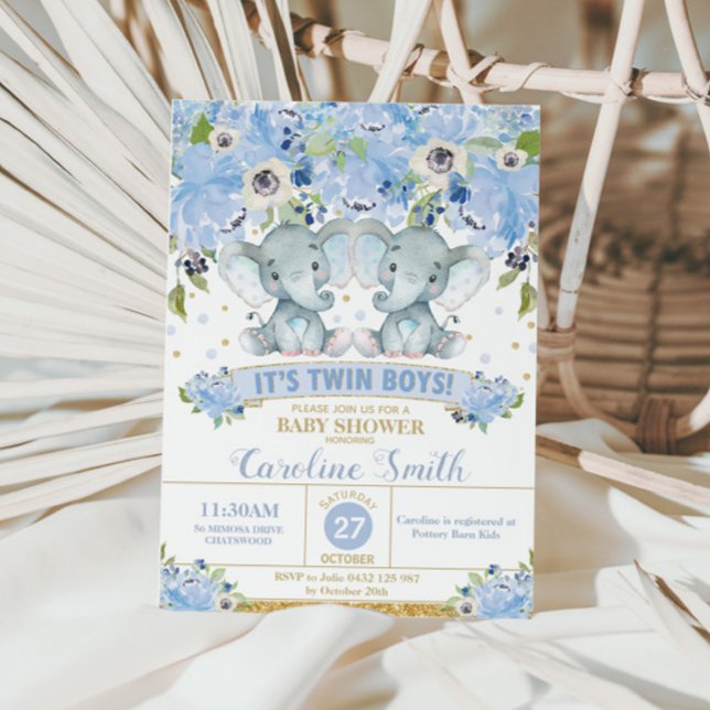 Chic Blue Floral Elephant Twins Baby Shower Boys Einladung (Von Creator hochgeladen)