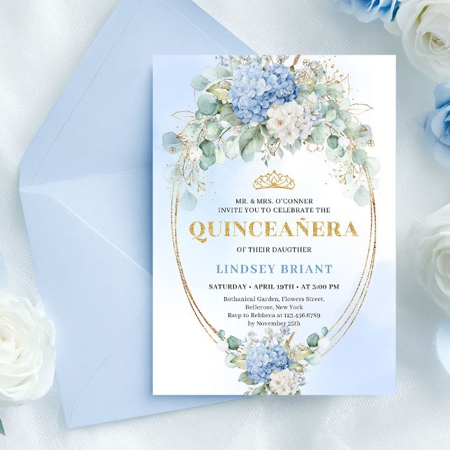 Chic Blue Floral Gold 15th Birthday Invitation (Chic Blue Floral Gold 15th Birthday Invitation)