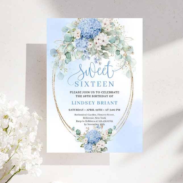 Chic Blue Floral Gold Sweet 16 Birthday Invitation Einladung (Chic Blue Floral Gold Sweet 16 Birthday Invitation)