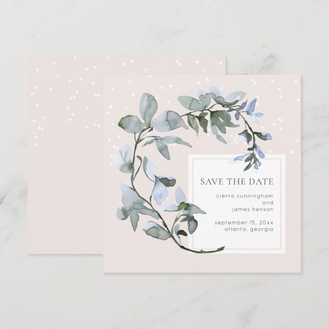 Chic Blue Floral Greenerity Wedding Save the Date (Vorne/Hinten)