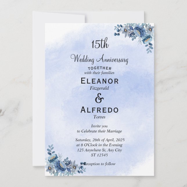 Chic Blue Floral Hochzeitstag Einladungen (Vorderseite)