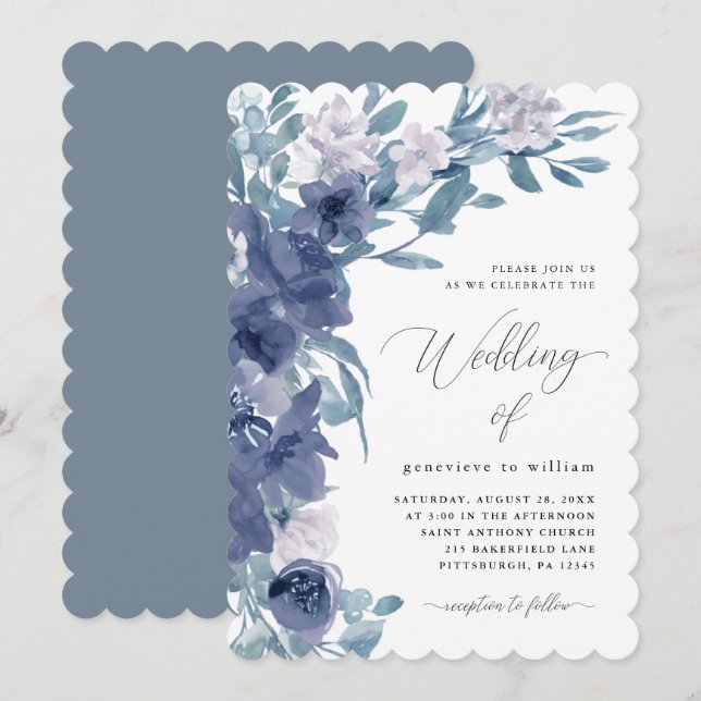 Chic Blue Floral mit Calligrafy Wedding Einladung (Vorne/Hinten)