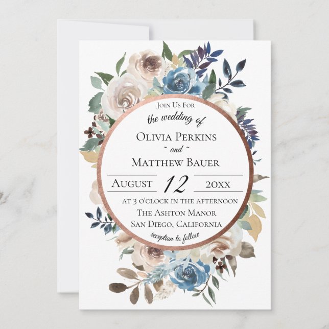 Chic Blue Floral Rose Gold Hochzeit Einladung (Vorderseite)