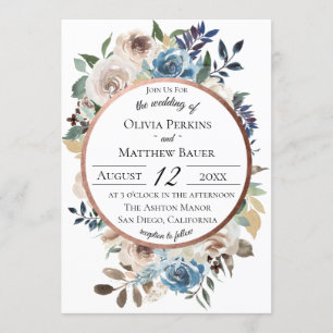 Chic Blue Floral Rose Gold Hochzeit Einladung