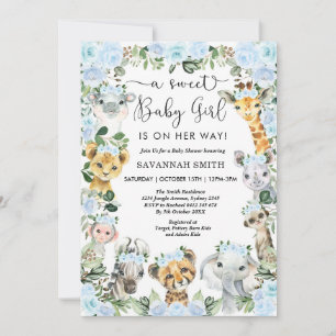 Chic Blue Floral Safari Tiere Girl Baby Dusche Einladung