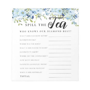 Chic Blue Floral Spill The Tee Brautparty Game Notizblock