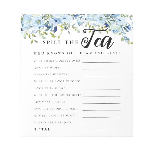 Chic Blue Floral Spill The Tee Brautparty Game Notizblock (Vorderseite)