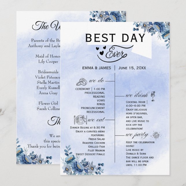 Chic Blue Floral Wedding Programs Programm (Vorne/Hinten)