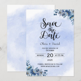 Chic Blue Floral Wedding Save the Date Einladung