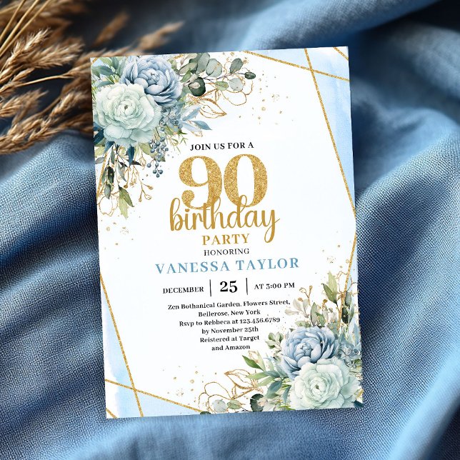 Chic Blue Flowers Gold 90th Birthday Party Invite Einladung (Chic Blue Flowers Gold 90th Birthday Party Invite)