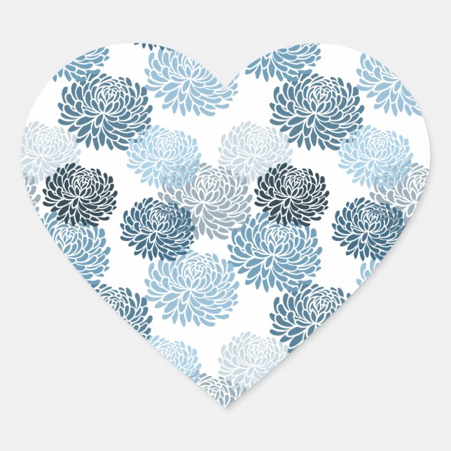Chic Blue Flowers Herz-Aufkleber (Vorderseite)