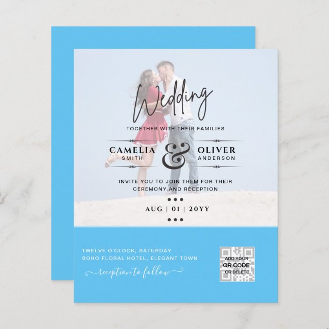 Chic Blue Foto Wedding Invite QR Code Rett Datum (Vorne/Hinten)