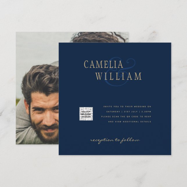 Chic Blue Foto Wedding Invite QR Code Rett Datum Einladung (Vorne/Hinten)